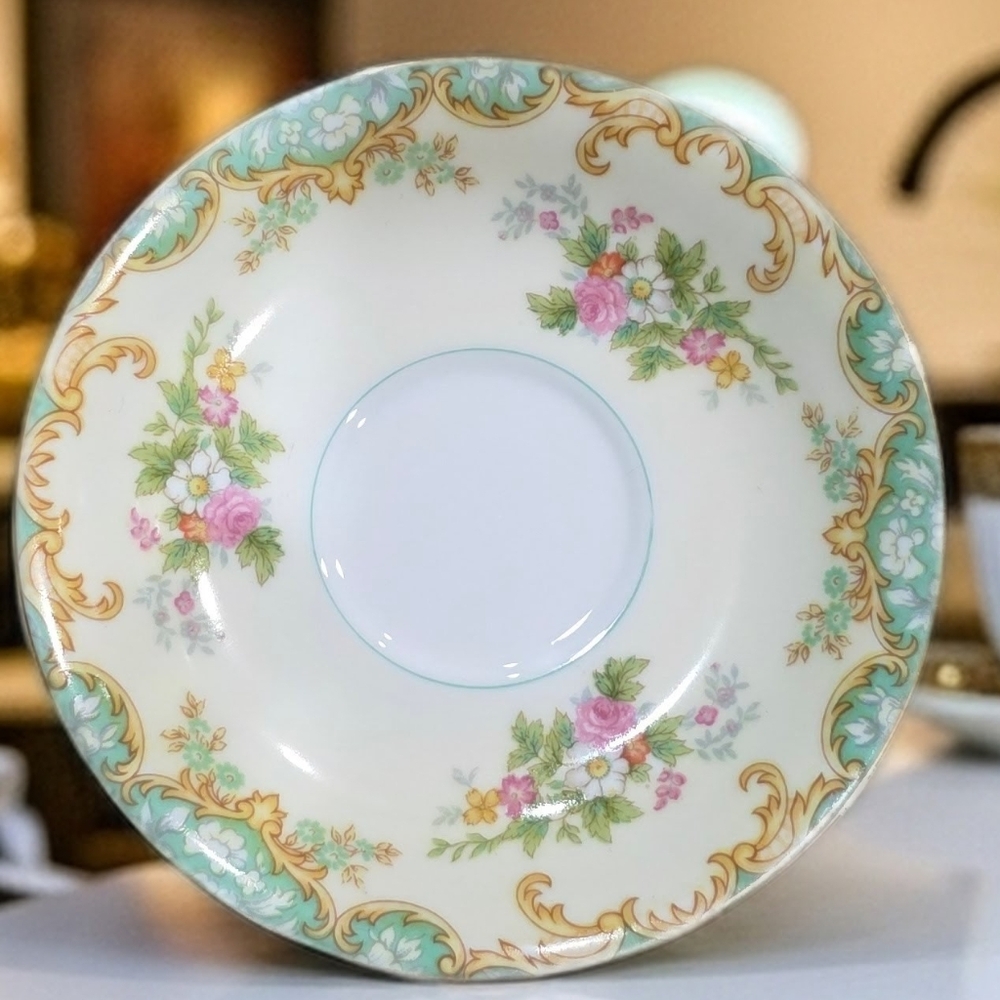 Vintage Noritake Jasmine #585 Floral China Saucer, Green Gold Trim